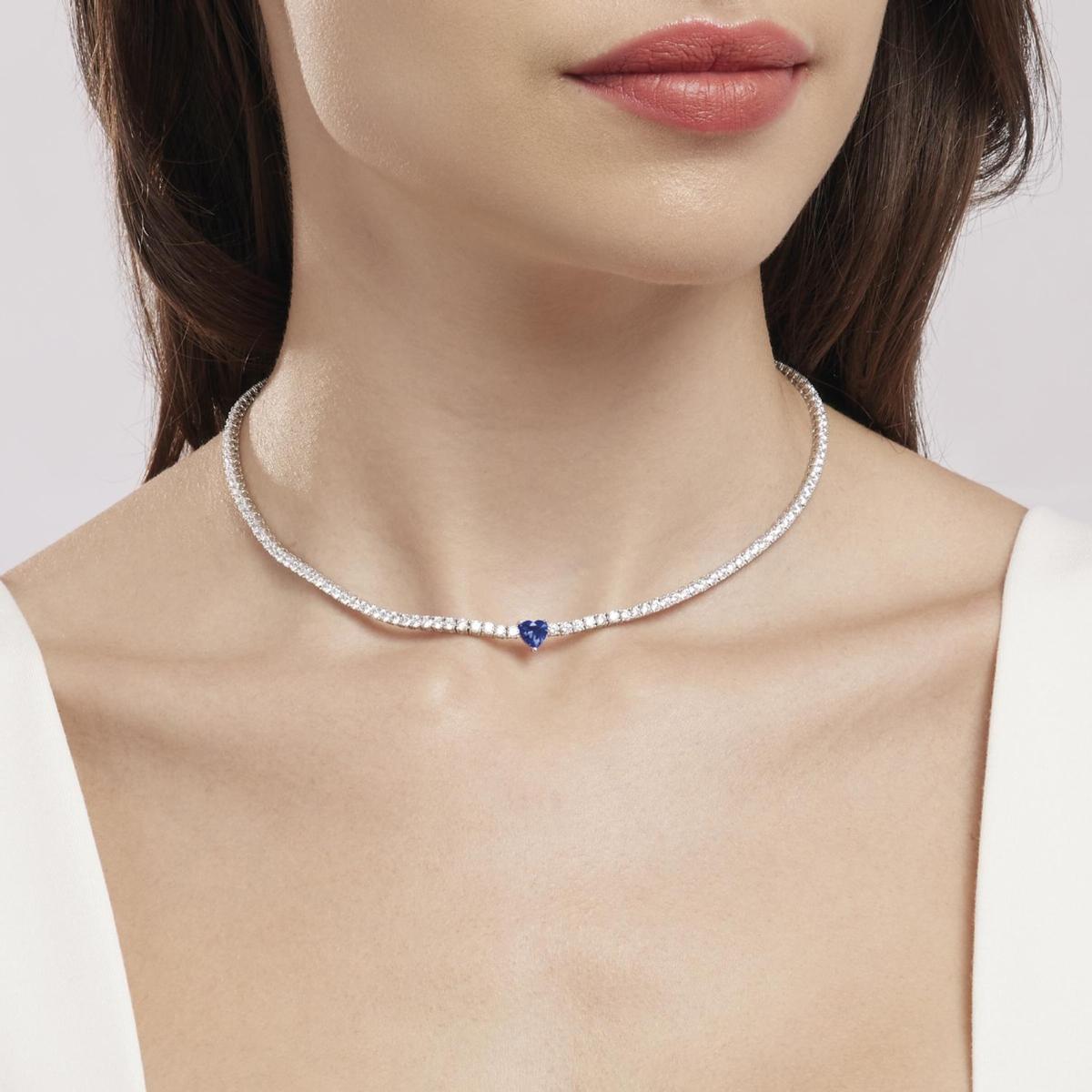 MABINA SILVER, ZIRCONIA AND BLUE SPINEL HEART NECKLACE 553430